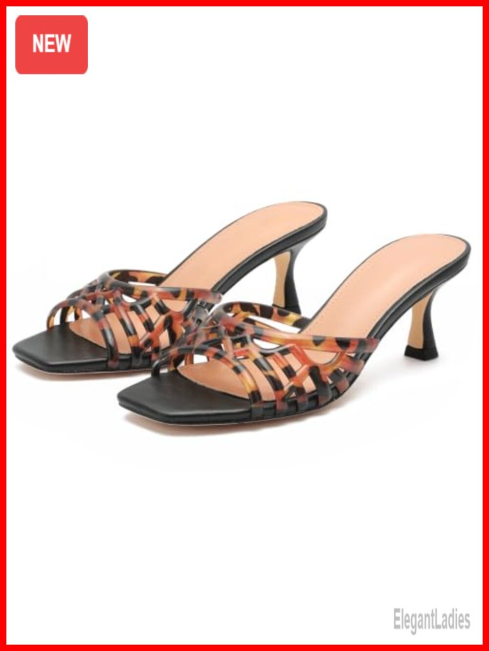 Kitten Heel Sandals Square Toe Lattice Mules Slip On Women's Dressy